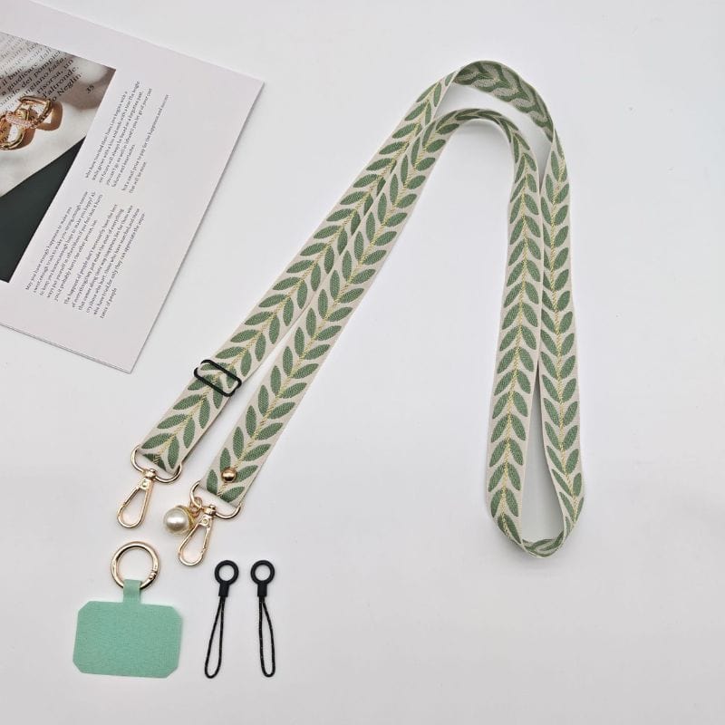 Bandoulière verte pour téléphone avec détail perle