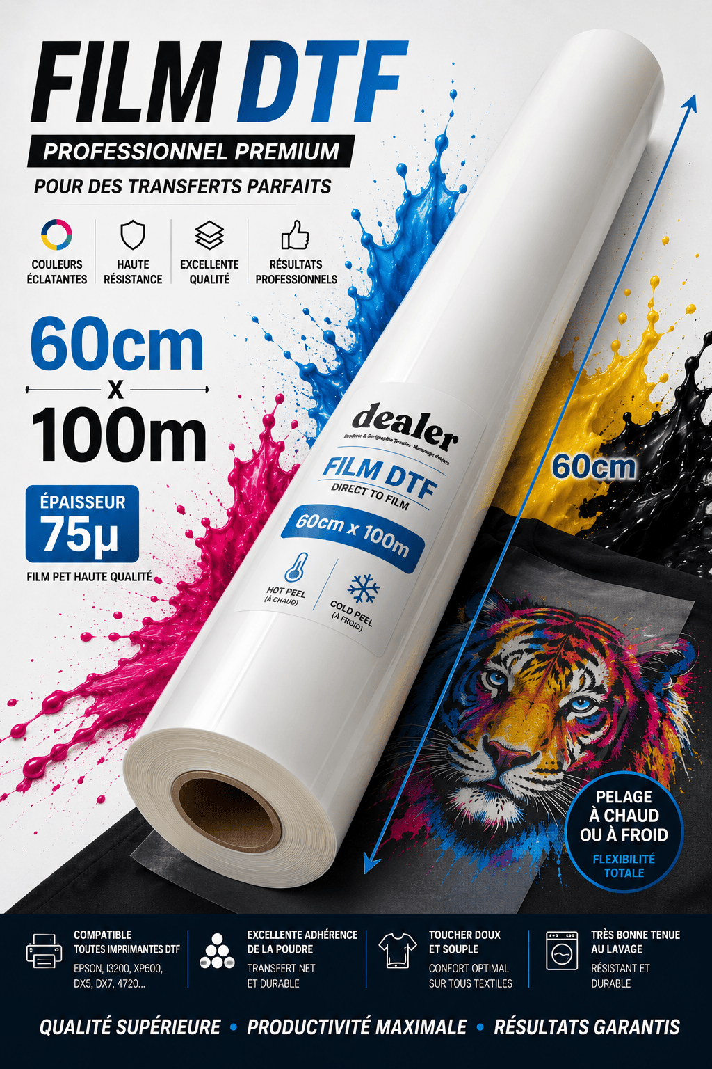 Film DTF Pro 60cm x 100m - Pelage à chaud ou à froid – 75 µ