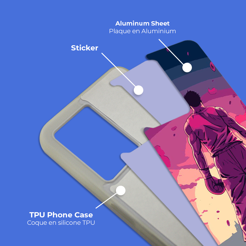 Coque sublimation 2D TPU pour Oppo A95, A94, A77, A74, A57, A55, A54, A53, A16S, A15, A9, A7X, A5 . La plaque arrière en aluminium dédiée à la sublimation permet la personnalisation de la coque.