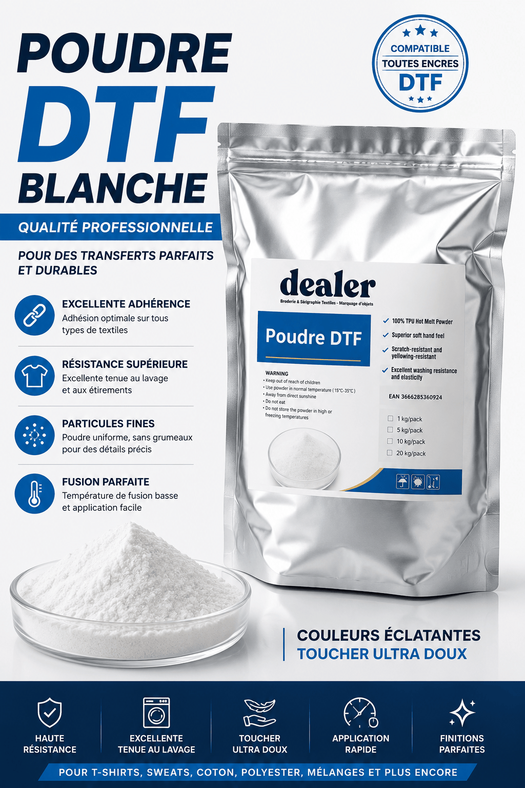 Coque Sublimation Poudre DTF Blanche Pro – 1 kg ou 5 kg – Haute adhérence Poudre DTF Blanche Pro – 1 kg ou 5 kg – Haute adhérence