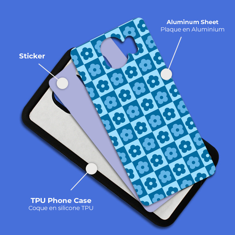 Coque sublimation 2D TPU pour Samsung Galaxy J8, J7, J6 Plus, J6, J5, J4 Prime, J4, J3, J2. La plaque arrière en aluminium dédiée à la sublimation permet la personnalisation de la coque.