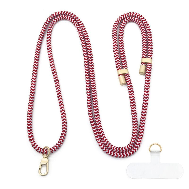 Cordon bariolé blanc et rouge adaptable à toutes les coques de téléphone